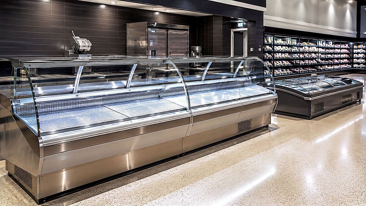 Kühltheke mit Glasaufbau an einer Frischetheke im Supermarkt