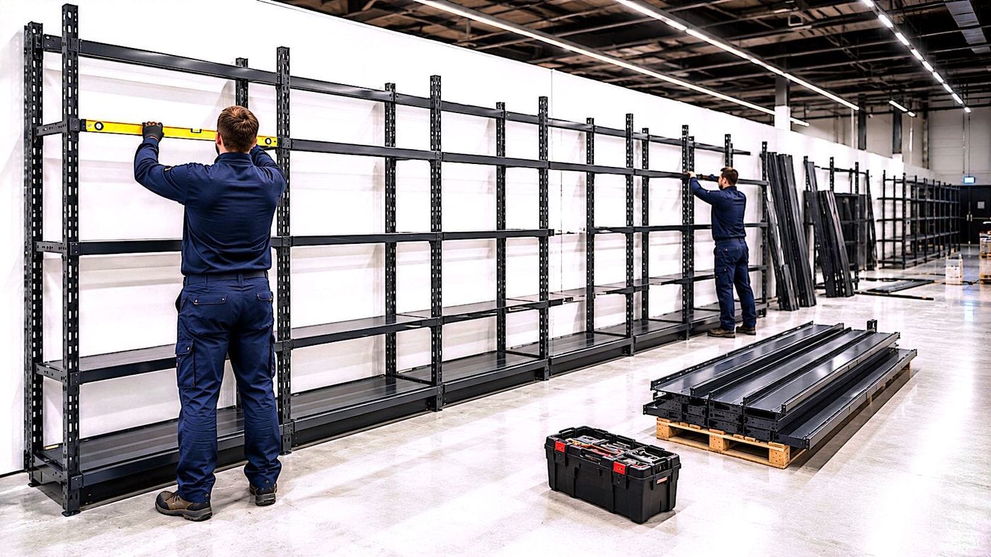 Monteure bauen Verkaufsregale in einem Supermarkt auf