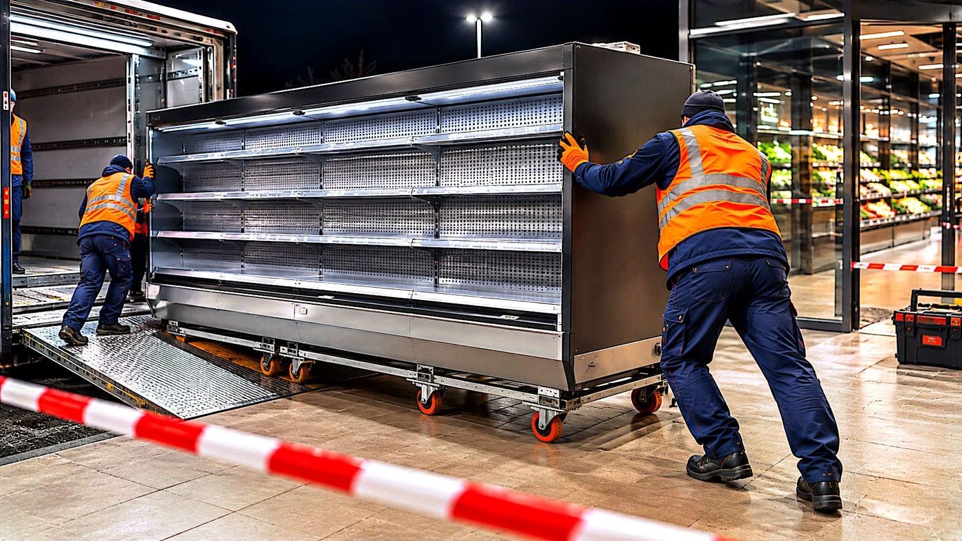 Nächtlicher Marktumbau mit Montageteam im Supermarkt
